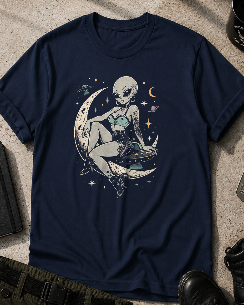 Alien Grey Pinup Moon T-Shirt