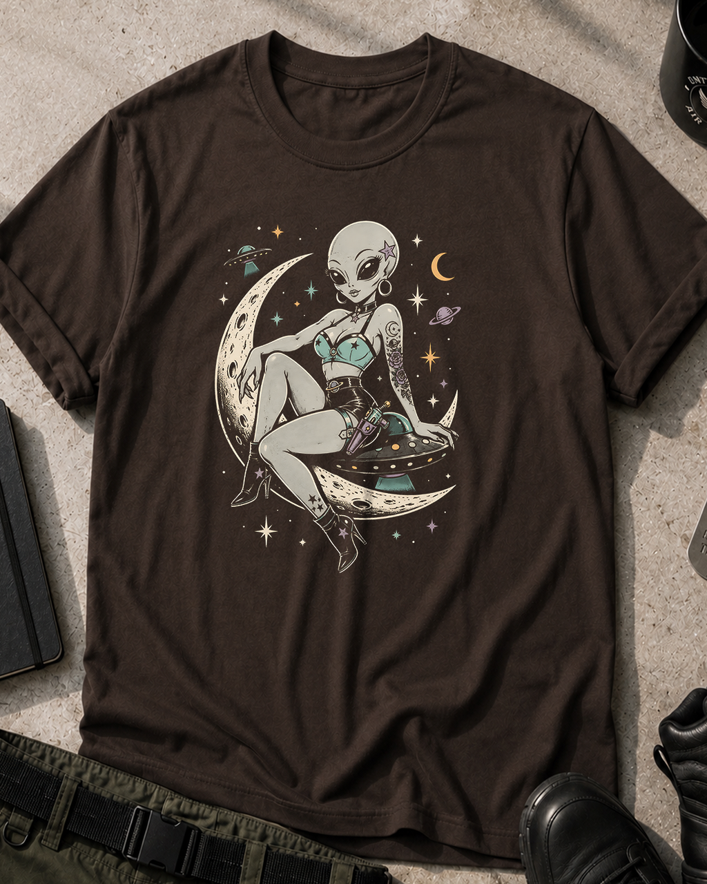 Alien Grey Pinup Moon T-Shirt