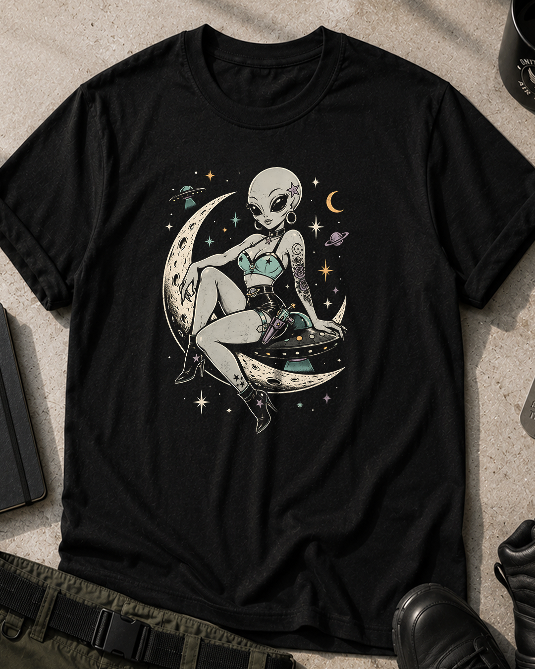 Alien Grey Pinup Moon T-Shirt