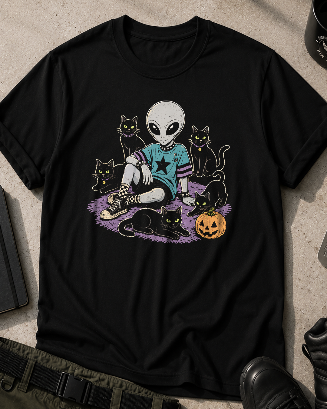Alien with Black Cats Halloween T‑Shirt