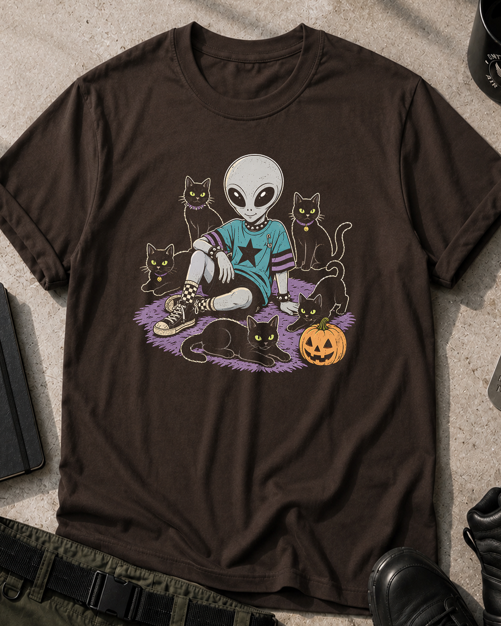 Alien with Black Cats Halloween T‑Shirt