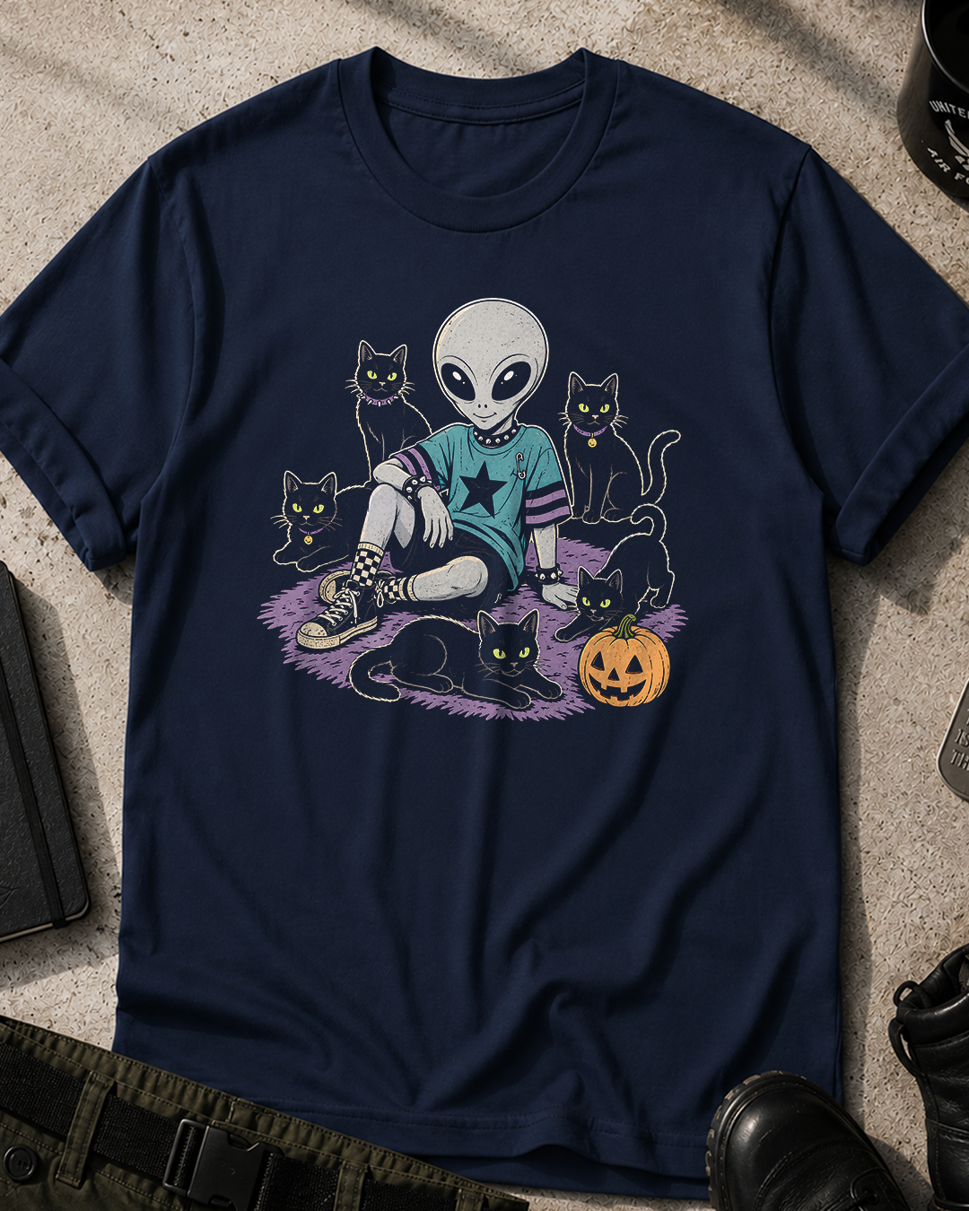 Alien with Black Cats Halloween T‑Shirt