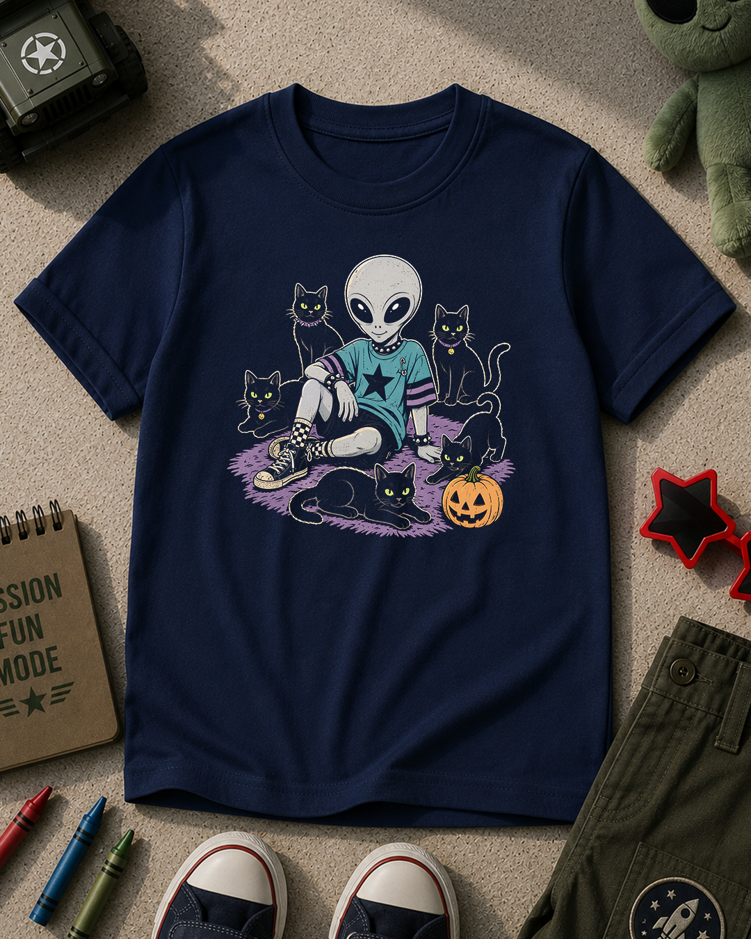 Cute Alien with Black Cats Halloween Kids T-Shirt