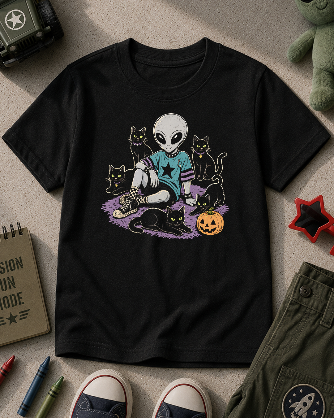 Cute Alien with Black Cats Halloween Kids T-Shirt