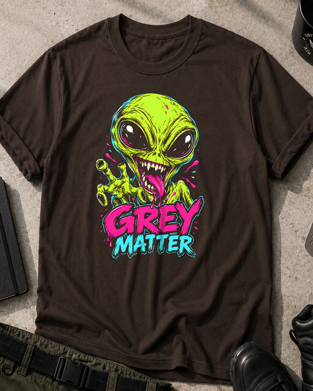 Grey Alien Neon Horror Comic T-Shirt
