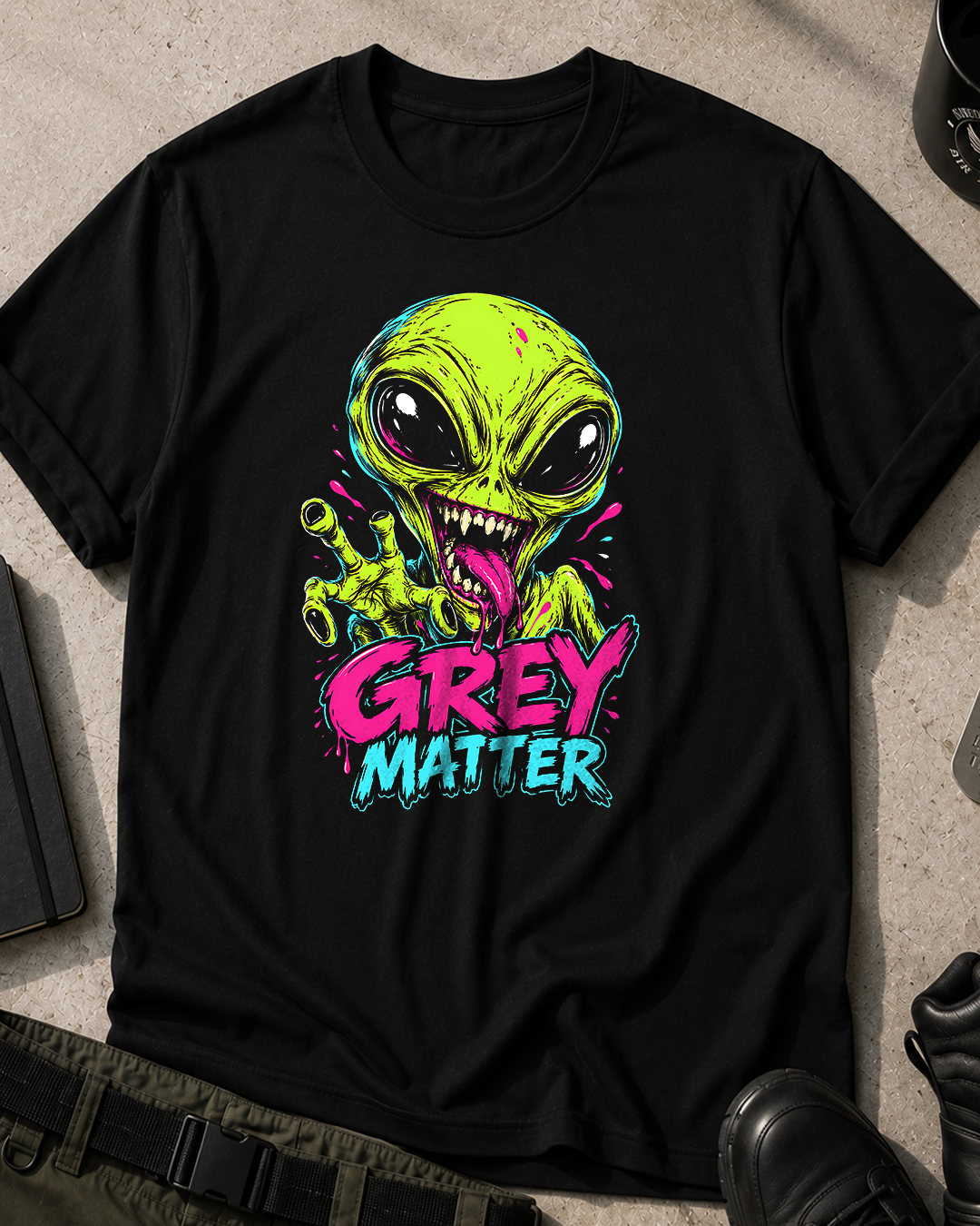 Grey Alien Neon Horror Comic T-Shirt