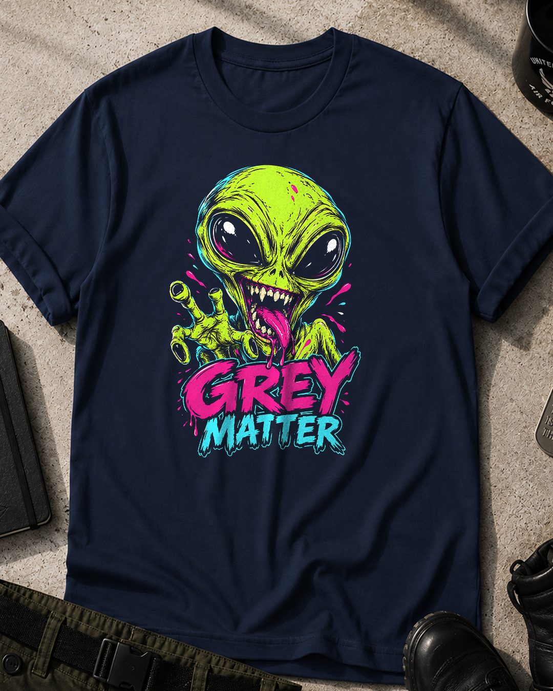 Grey Alien Neon Horror Comic T-Shirt