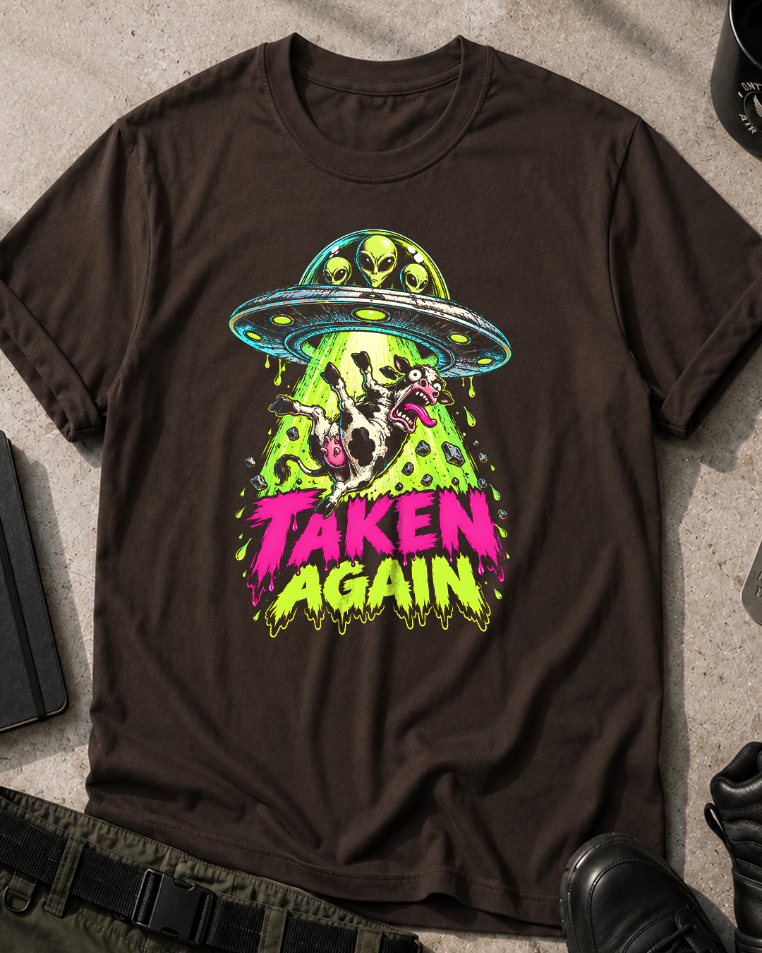 Cow Abducted Neon Horror Comic T-Shirt