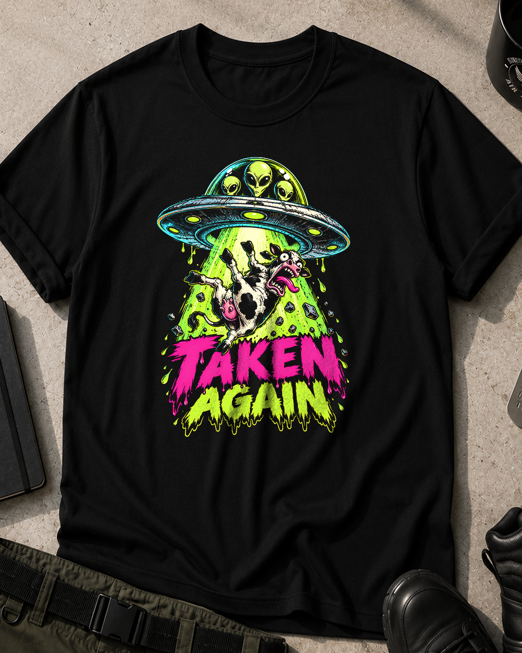 Cow Abducted Neon Horror Comic T-Shirt