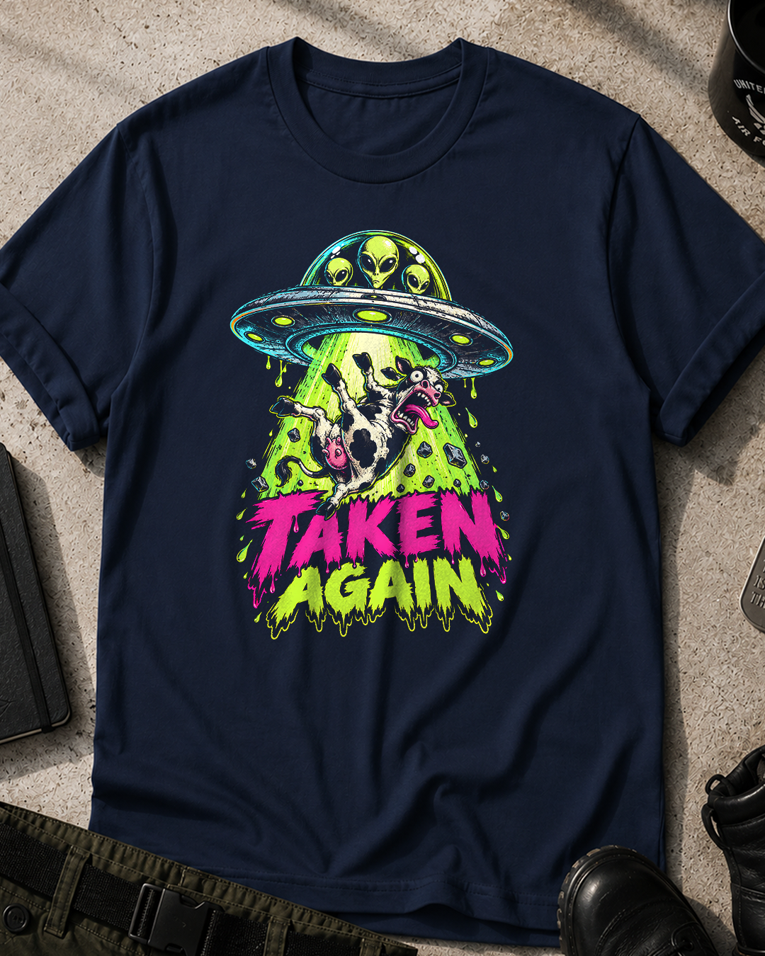 Cow Abducted Neon Horror Comic T-Shirt