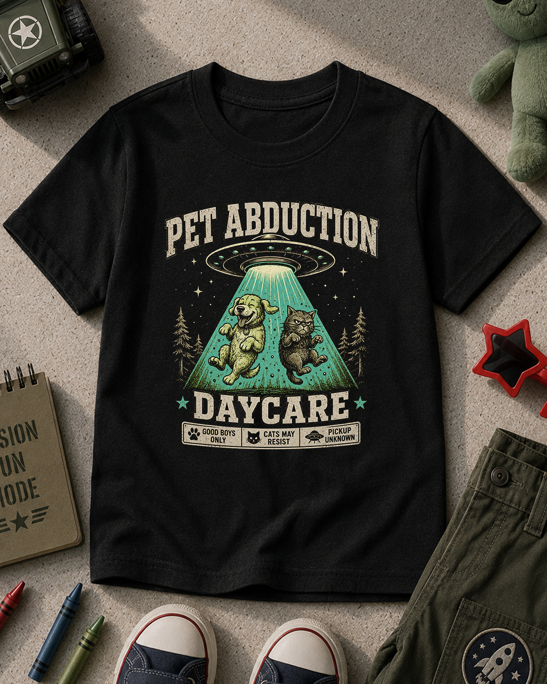 Pet Abduction Daycare Kids Tee – Alien UFO Dog & Cat Graphic Shirt Printify
