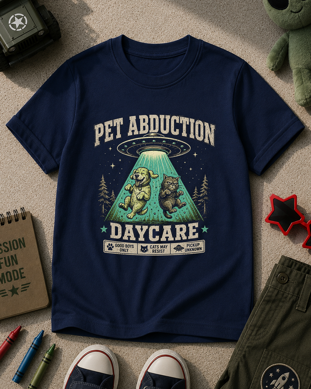 Pet Abduction Daycare Kids Tee – Alien UFO Dog & Cat Graphic Shirt Printify
